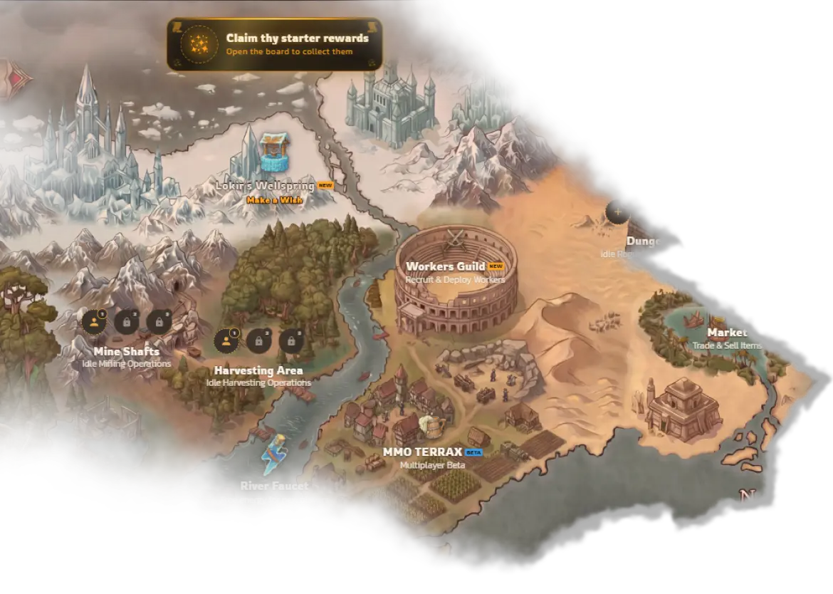 The realm of TerraX: mines, forests, guild coliseum and trading market